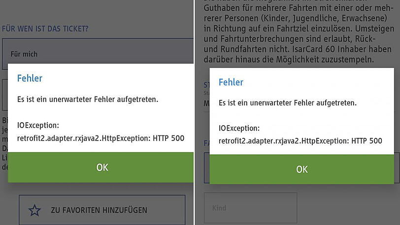 Nur zwei der zahlreichen Fehlermeldungen, die derzeit in der MVG-App erscheinen.