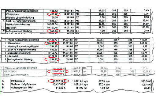 Die Nebenkostenabrechnungen der Janssens: Der Winterdienst steigt in einem Jahr von 425 auf 30 437 Euro, ein weiteres Jahr noch einmal von 19060 auf 48592 Euro. Dazu kommen in drei Jahren Aufzugskosten - obwohl es gar keinen Lift gibt.