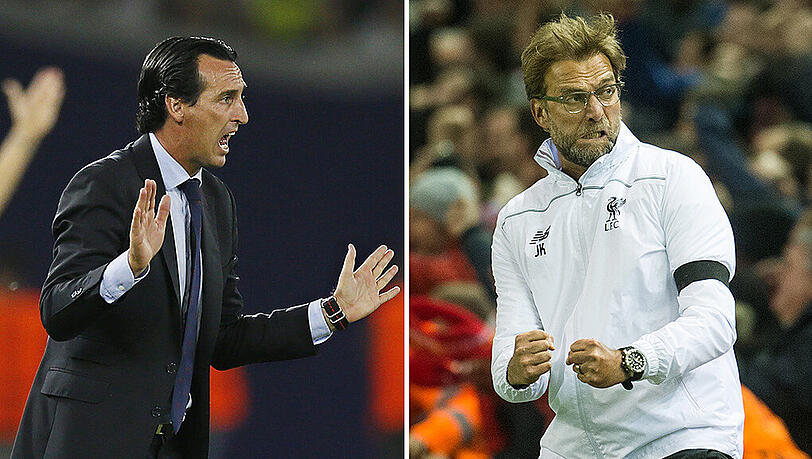 Duell der Trainer: Unai Emery vom FC Sevilla (links) und Jürgen Klopp vom FC Liverpool. Duell der Trainer: Unai Emery vom FC Sevilla (links) und Jürgen Klopp vom FC Liverpool.