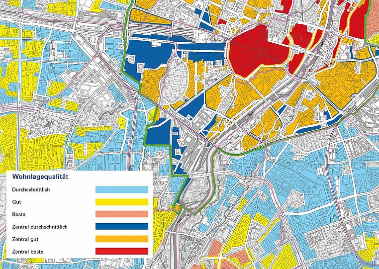 Man sieht auf einen Blick, wo&rsquo;s am teuersten ist: in der leuchtend roten Altstadt und im Lehel. Auch anderswo wird den Mieten nun auch offiziell ein &bdquo;Zentralitätszuschlag&ldquo; zugebilligt.