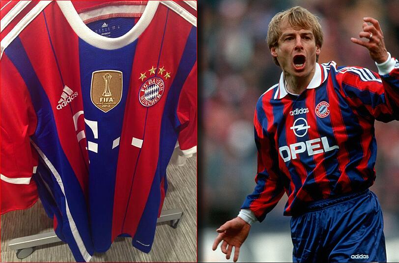 Das neue Bayern-Dress erinnert stark an die Zeit Mitte der 90er Jahre, als der Rekordmeister mit Jürgen Klinsmann aufspielte.