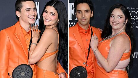 Timoth&eacute;e Chalamet und Kylie Jenner zeigten im Dezember ihre Verbundenheit mit einem orangefarbenen Partnerlook (l.). Paul W. Downs und Meg Stalter machten ihn jetzt nach.