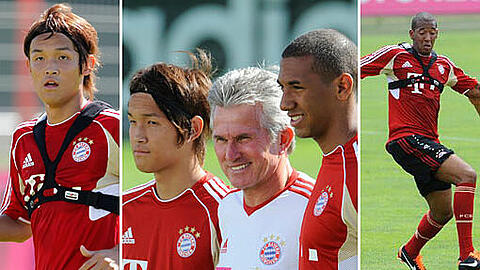 Trainer Jupp Heynckes und die Neuzugänge Takashi Usami (l.)und Jerome Boateng (r.).