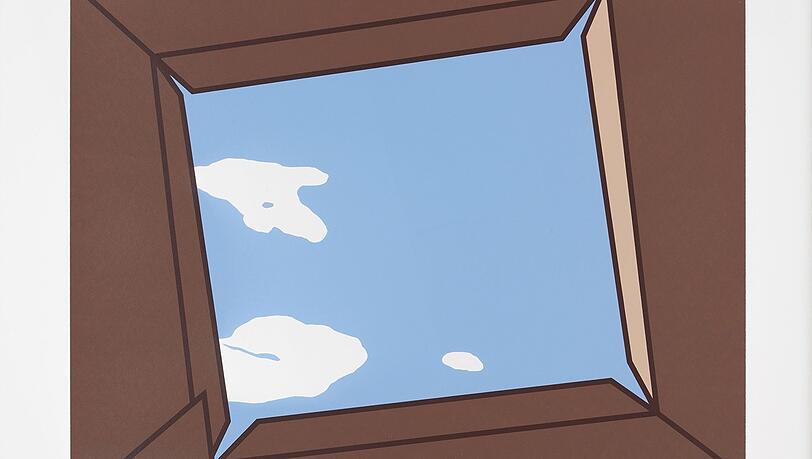 Im Kunstverein München öffnet sich für manchen sogar der Himmel - zum Beispiel durch Andrei Hâncus 4-Farben-Siebdruck „Open box“ von 2020.