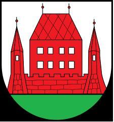 Das Obermenzinger Wappen: Ein rotes Schloss mit zwei sich verjüngenden Flankentürmen auf grünen Grund.