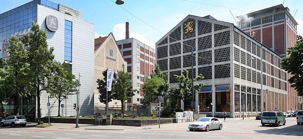 L&ouml;wenbr&auml;u heute: Der immer noch respektable Rest der Brauerei befindet sich in dem Geviert zwischen Nymphenburger, Sand- und Karlstra&szlig;e.