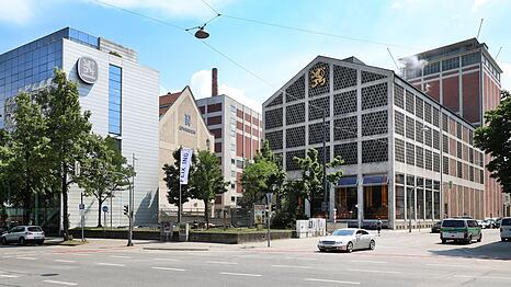 L&ouml;wenbr&auml;u heute: Der immer noch respektable Rest der Brauerei befindet sich in dem Geviert zwischen Nymphenburger, Sand- und Karlstra&szlig;e.