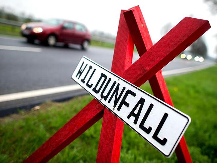 Ein rotes Dreibein mit dem Hinweis auf einen Wildunfall steht an einer Bundesstraße. Foto: Hauke-Christian Dittrich/Archivbild