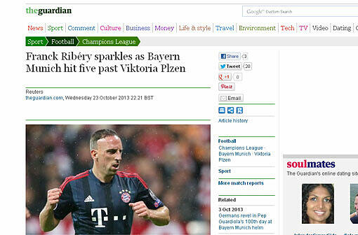 Der britische Guardian schreibt: "Franck Ribéry glänzt beim 5:0 von Bayern München gegen Viktoria Pilsen"