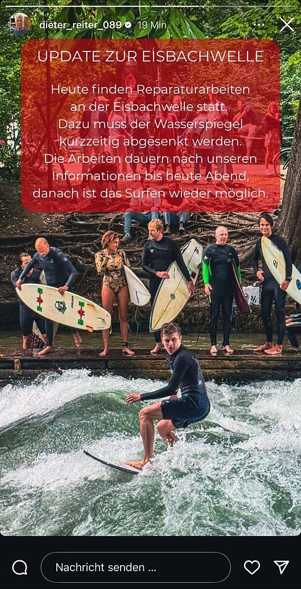 Die Eisbachwelle muss am Montag noch einmal schließen – OB Dieter Reiter erklärt warum. Die Eisbachwelle muss am Montag noch einmal schließen – OB Dieter Reiter erklärt warum.