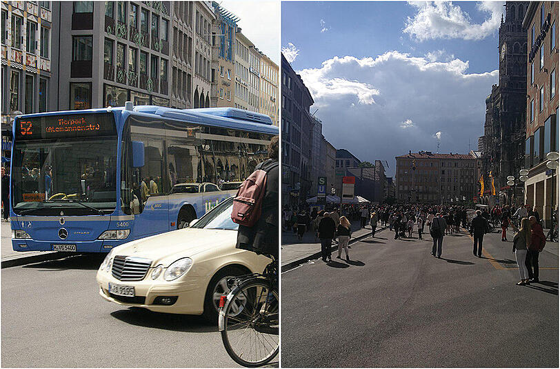 Radler, Taxen, Busse und Fußgänger teilten sich bis Februar die abgesenkte Strecke am Marienplatz... jetzt flanieren hier bloß noch Fußgänger &ndash; und vereinzelt Radler.