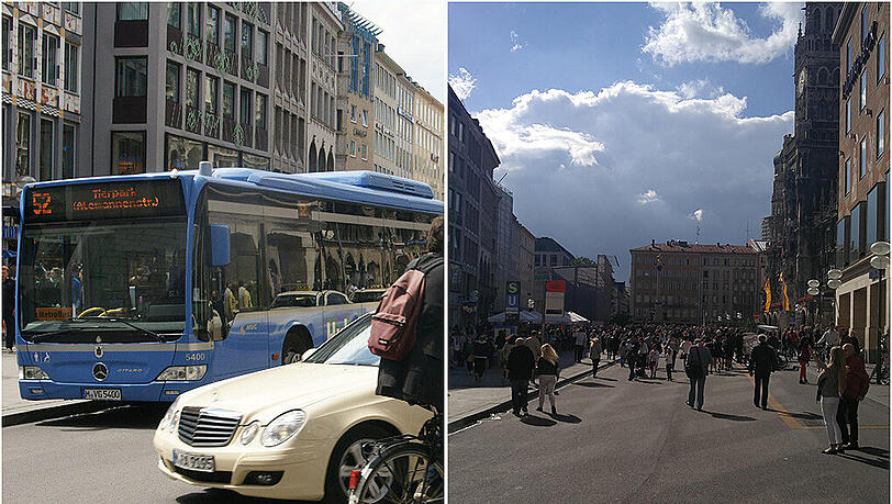 Radler, Taxen, Busse und Fußgänger teilten sich bis Februar die abgesenkte Strecke am Marienplatz... jetzt flanieren hier bloß noch Fußgänger – und vereinzelt Radler. Radler, Taxen, Busse und Fußgänger teilten sich bis Februar die abgesenkte Strecke am Marienplatz... jetzt flanieren hier bloß noch Fußgänger – und vereinzelt Radler.