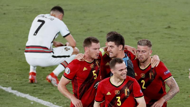 Belgien jubelt und feiert Torschützen Thorgan Hazard (M) - Titelverteidiger Portugal mit Superstar Cristiano Ronaldo ist raus.