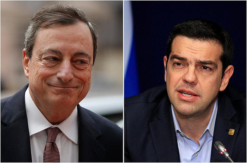 EZB-Präsident Mario Draghi (l). und der griechische Ministerpräsident Alexis Tsipras