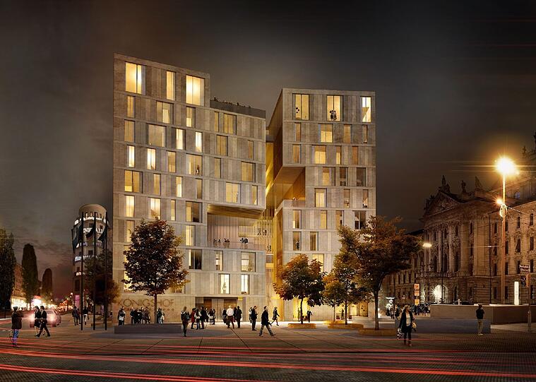 Königshof: Der recht außergewöhnliche Entwurf für das neue Edel-Hotel am Stachus ist nicht unumstritten, auch AZ-Leser haben kontrovers darüber diskutiert. Klar ist: Die gespaltene Fassade, die Architekten aus Madrid entworfen haben, wird den Platz prägen.