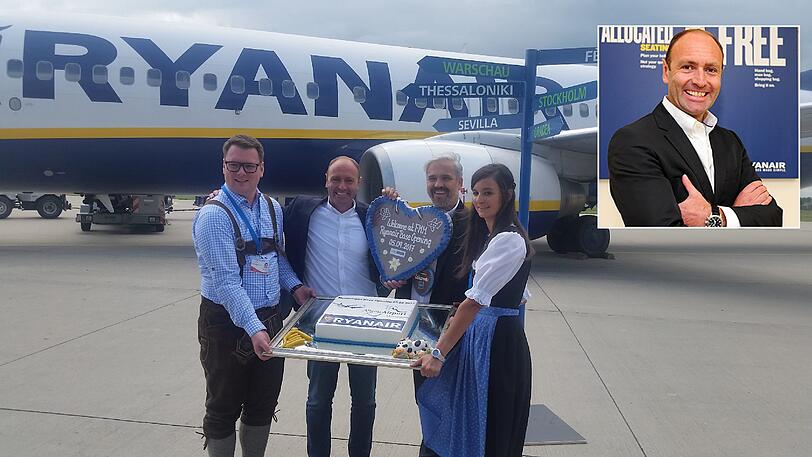 Feier mit Tracht und Torte: Der Flughafen Memmingen ist seit Dienstag neue Ryanair-Basis &ndash; gleichzeitig baut der irische Billigflug-Linie aber nun auch ein Geschäft in München auf. "Wir können beide Flughäfen sehr erfolgreich betreiben", sagt Marketing-Chef Kenny Jacobs (2.v.l.).