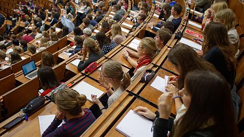 Studentinnen und Studenten verfolgen eine Vorlesung.