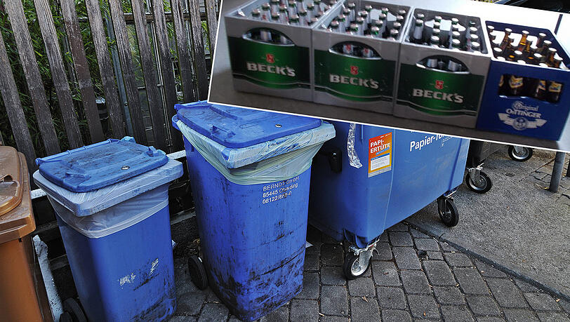 Den Inhalt der vier Bierkästen transportierten die Männer in einer blauen Papiertonne. Den Inhalt der vier Bierkästen transportierten die Männer in einer blauen Papiertonne.