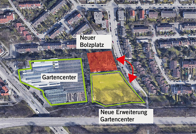 So stellen sich Bayernpartei und ÖDP den Grundstückstausch vor: Der aktuelle Bolzplatz (gelbe Fläche) wandern nach Norden und wird hier neu errichtet (rote Fläche). Dafür baut Seebauer seinen Erweiterungsbau weiter im Süden (grüner Rahmen).