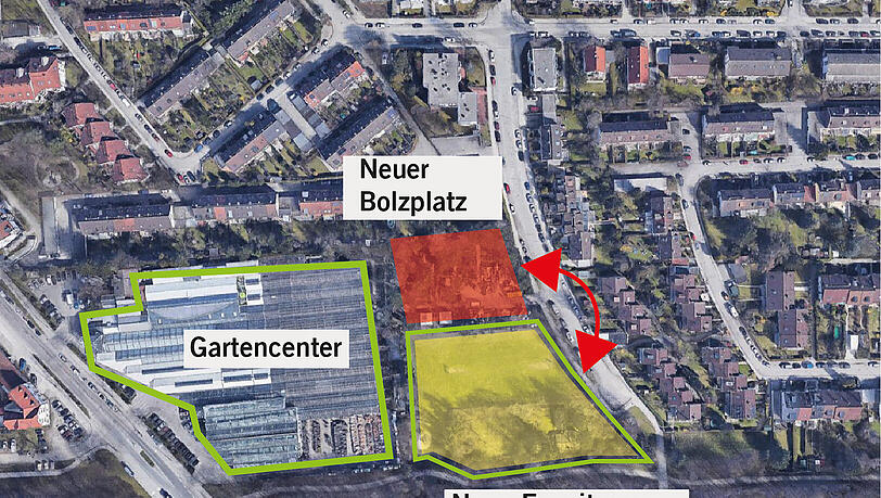 So stellen sich Bayernpartei und ÖDP den Grundstückstausch vor: Der aktuelle Bolzplatz (gelbe Fläche) wandern nach Norden und wird hier neu errichtet (rote Fläche). Dafür baut Seebauer seinen Erweiterungsbau weiter im Süden (grüner Rahmen). So stellen sich Bayernpartei und ÖDP den Grundstückstausch vor: Der aktuelle Bolzplatz (gelbe Fläche) wandern nach Norden und wird hier neu errichtet (rote Fläche). Dafür baut Seebauer seinen Erweiterungsbau weiter im Süden (grüner Rahmen).
