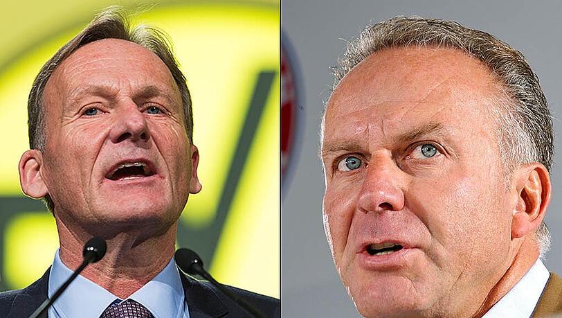 Trafen sich vor dem Pokal-Halbinale zum Essen: Bayerns Vorstandsboss Karl-Heinz Rummenigge (r.) und Dortmunds Geschäftsführer Hans-Joachim Watzke. Trafen sich vor dem Pokal-Halbinale zum Essen: Bayerns Vorstandsboss Karl-Heinz Rummenigge (r.) und Dortmunds Geschäftsführer Hans-Joachim Watzke.
