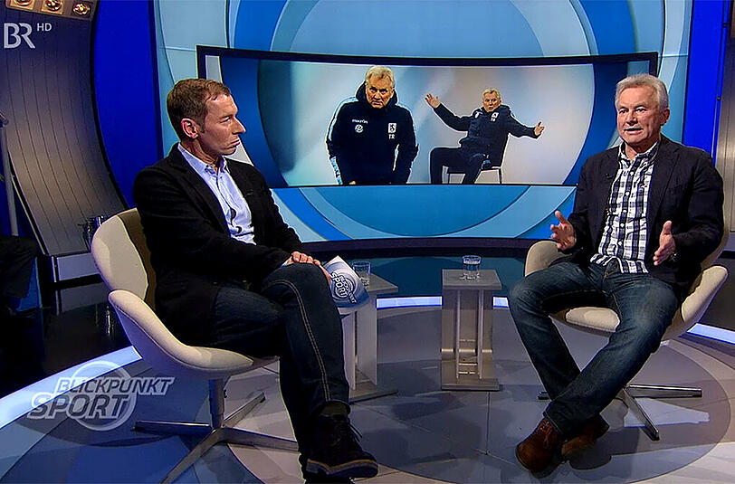 Löwen-Trainer Benno Möhlmann im Blickpunkt Sport mit Moderator Markus Othmer.