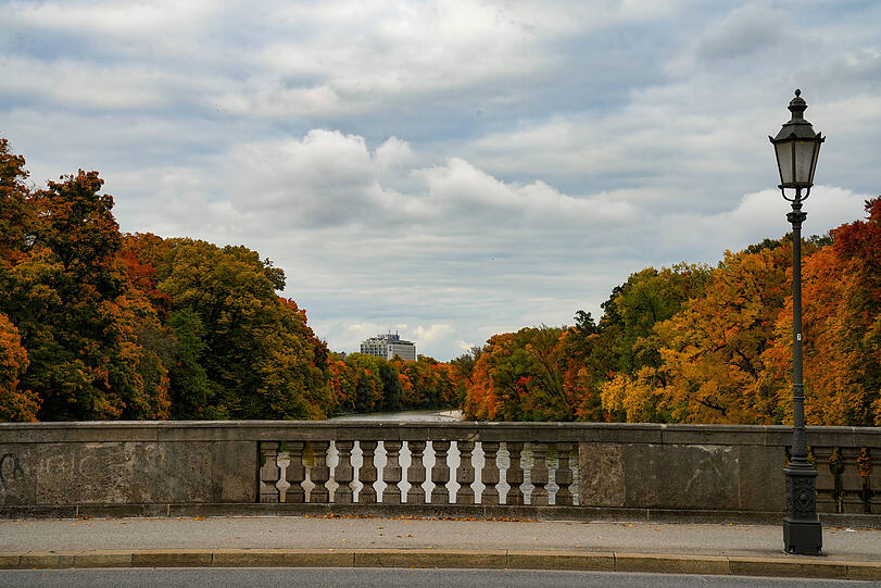 Blick von der Luitpoldbrücke, umgeben von Bäumen mit leuchtend gelben, orangefarbenen und grünen Blättern auf die Isar.