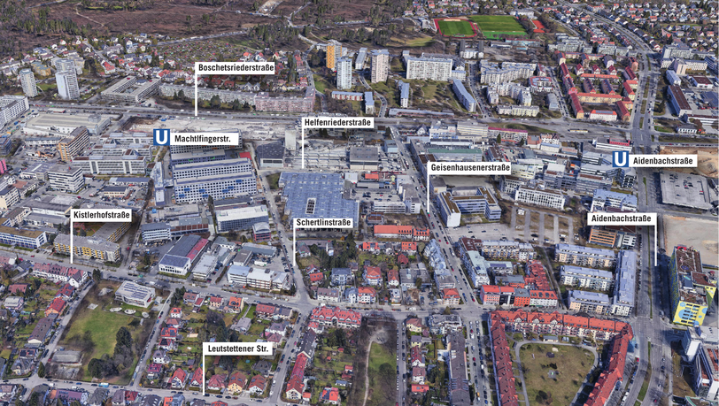 Zwischen Machtlfinger Straße, Boschetsrieder Straße, Helfenriederstraße und Geisenhausenerstraße liegt das Baugebiet.