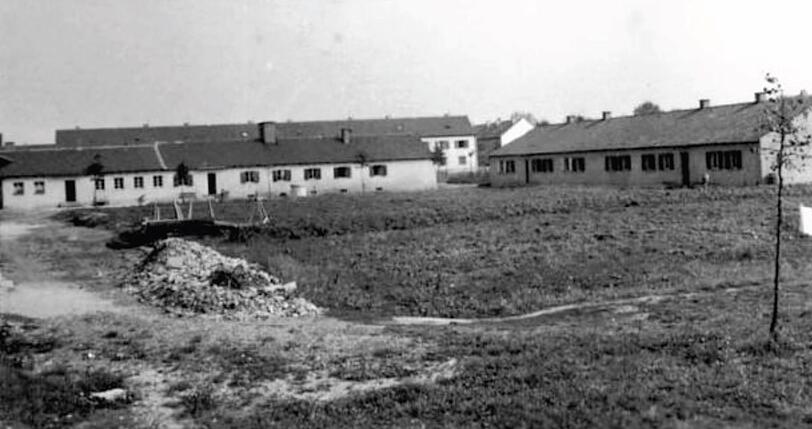 Das Barackenlager in Neuaubing nach dem Ende des Zweiten Weltkrieges (um 1949).