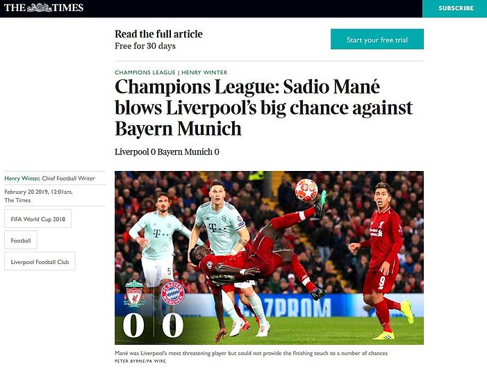 The times, England: "Sadio Mané vernichtet Liverpools große Chance gegen Bayern."