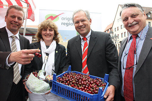 Gut Kirschen essen: OB Ulrich Maly, Doris Tropper vom Bund Naturschutz, Bezirkstagspräsident Richard Bartsch und Landrat Eberhard Irlinger (v. li.).