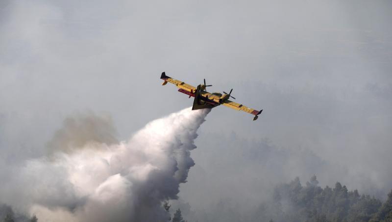 Ein Löschflugzeug lässt Wasser über einem Wald auf der griechischen Insel Euböa ab. Ein Löschflugzeug lässt Wasser über einem Wald auf der griechischen Insel Euböa ab.