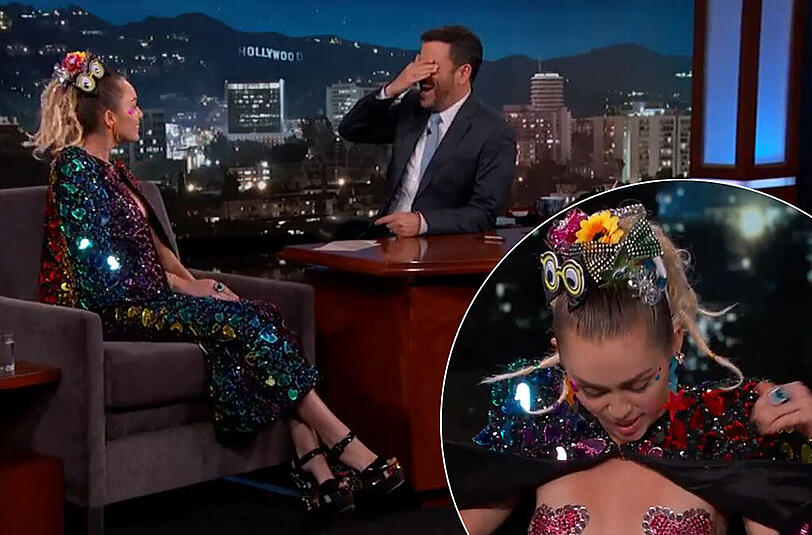 Die nur mit Herzen bedeckten Brüste von Miley Cyrus treiben US-Talker Jimmy Kimmel die Schamesröte ins Gesicht.