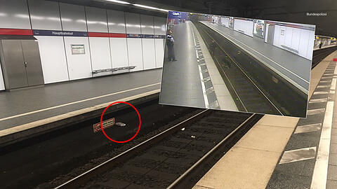 Das Päckchen im Gleis am Hauptbahnhof (roter Kreis). Im kleinen Bild: Ein Polizist sucht mit dem Spürhund das Areal ab.