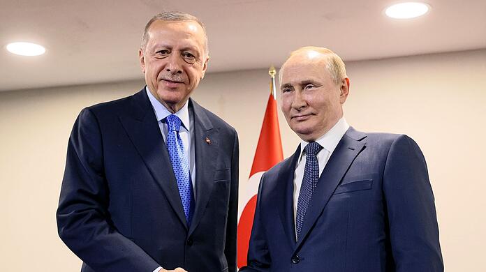 Das von der staatlichen russischen Nachrichtenagentur Sputnik verbreitete Bild zeigt Wladimir Putin und Recep Tayyip Erdogan bei ihrem Treffen im Iran.