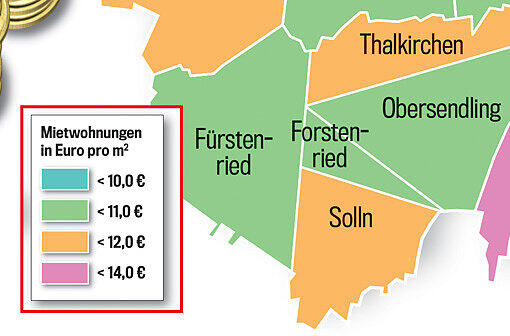 Und gleich weiter geht's! So teuer ist Wohnen in München! Die Münchner Stadtviertel sind in dieser Grafik je nach Quadratmeterpreis eingefärbt. Klicken Sie einfach durch die Quartiere.