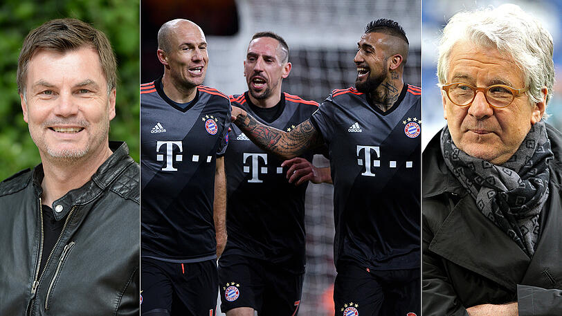 Thomas Helmer (links) und Marcel Reif haben die möglichen Viertelfinal-Gegner des FC Bayern - hier feiern Arjen Robben, Franck Ribéry und Arturo Vidal beim 5:1 gegen den FC Arsenal - in der Champions League unter die Lupe genommen.