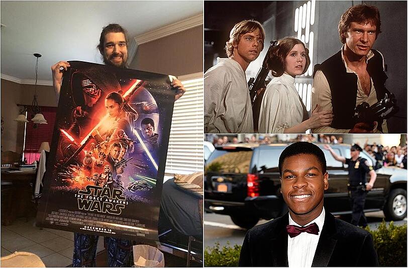Der krebskranke Daniel Fleetwood hat nur einen Wunsch: Vor seinem Tod den neuen Star Wars-Film sehen. Zu seinen Unterstützern zählen u.a. John Boyega (rechts unten), sowie Mark Hamill und Carrie Fisher (rechts oben).