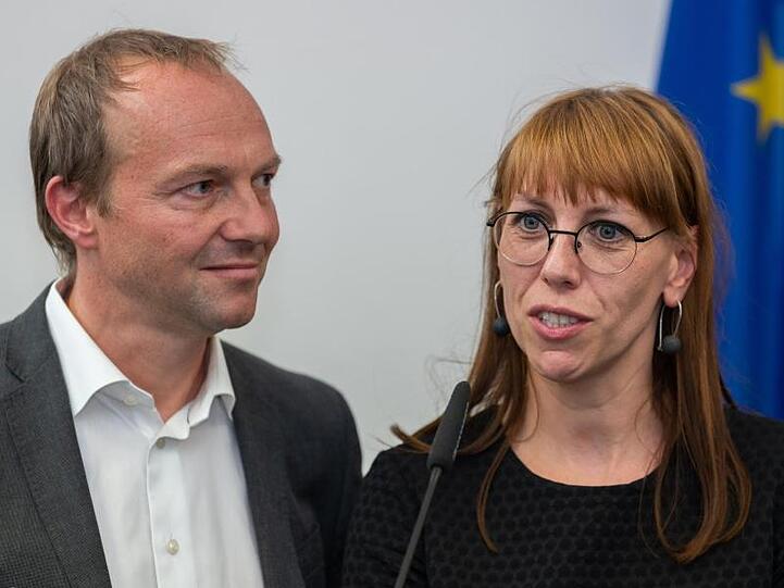 Wolfram Günther und Katja Meier, Verhandlungsführer der sächsischen Grünen, in Dresden.