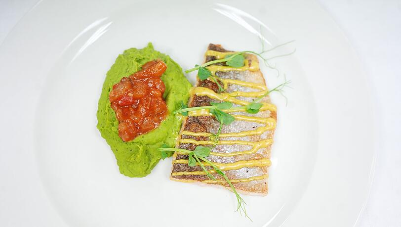 Erster Gang: Lachsforellenfilet: Marinierte Lachsforelle, Zitronenpfeffer, Erbsen-Minz-P&uuml;r&eacute;e, Schmortomate, Currydip