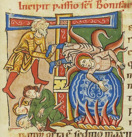 Dieses Bild zeigt das Martyrium des Bonifatius von Tarsus &ndash; der inzwischen ein Eisheiliger ist.