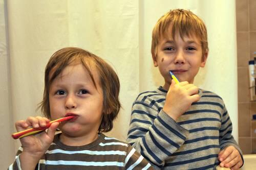 Quirin (4) und Elias (9) putzen sich die Zähne - damit bei der nächsten Kontrolle alles in Ordnung ist.