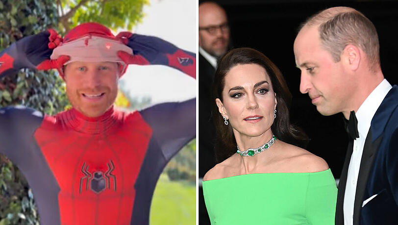 Glamour-Auftritt gegen Superheld-Auftritt: Kate und William auf dem Weg zur Gala – später folgt das Video von Harry als Spiderman.