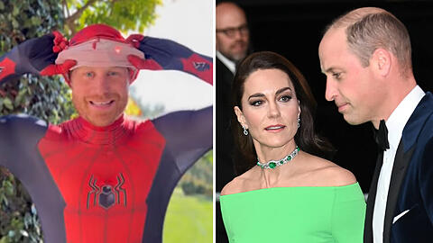 Glamour-Auftritt gegen Superheld-Auftritt: Kate und William auf dem Weg zur Gala – später folgt das Video von Harry als Spiderman.