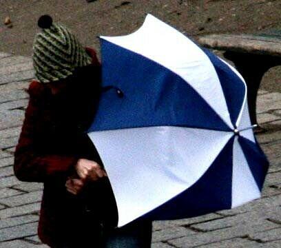 So geht's natürlich auch: Diese Dame sucht hinter ihrem Regenschirm Schutz vor dem starken Wind, der durch München fegt.