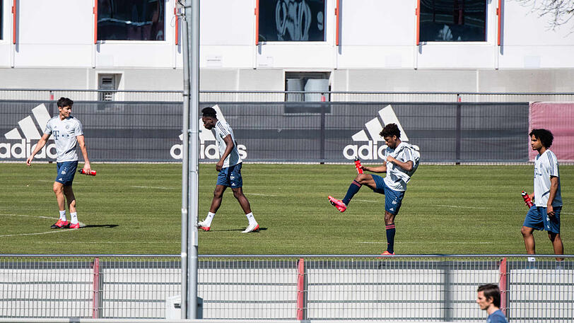 Robert Lewandowski, Alphonso Davies, Kingsley Coman und Joshua Zirkzee (v.l.) bildeten eine Gruppe.