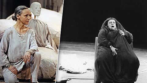 Gisela Stein, links in Dieter Dorns Version von Shakespeares "Sturm" in den Kammerspielen, rechts in "Ithaka" von Botho Strauss.