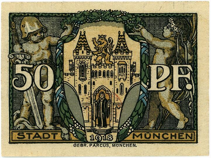 Im November 1918 wird in München noch ein "50 Pfennig"-Schein gedruckt. Die Figur links symbolisiert den Krieg, die rechts den Frieden.
