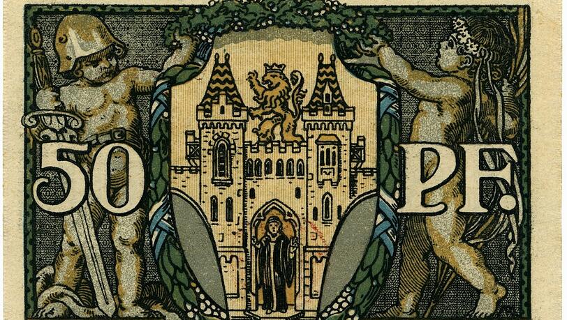 Im November 1918 wird in München noch ein "50 Pfennig"-Schein gedruckt. Die Figur links symbolisiert den Krieg, die rechts den Frieden.