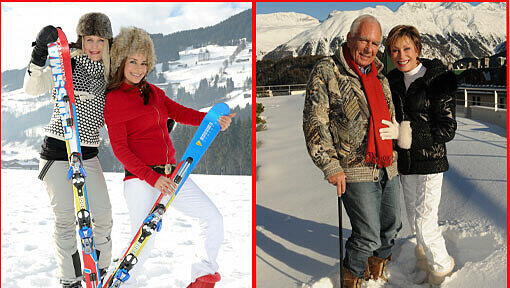 Kitzbühel-Anhänger: Sonja Kiefer (l.) und Gitta Saxx posieren beim Skiurlaub. Rechts daneben: TV-Ärztin Antje-Katrin Kühnemann und ihr Ehemann Jörg Gühring. Sie sind seit über 40 Jahren St. Moritz treu. Kitzbühel-Anhänger: Sonja Kiefer (l.) und Gitta Saxx posieren beim Skiurlaub. Rechts daneben: TV-Ärztin Antje-Katrin Kühnemann und ihr Ehemann Jörg Gühring. Sie sind seit über 40 Jahren St. Moritz treu.